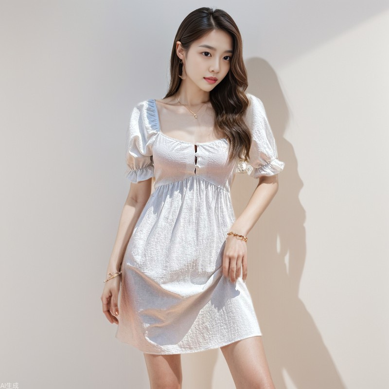 European and American Women's Cross border Square Neck Puff Sleeve Waist Slimming Short Sleeve A line Dress Garden Vacation Beac