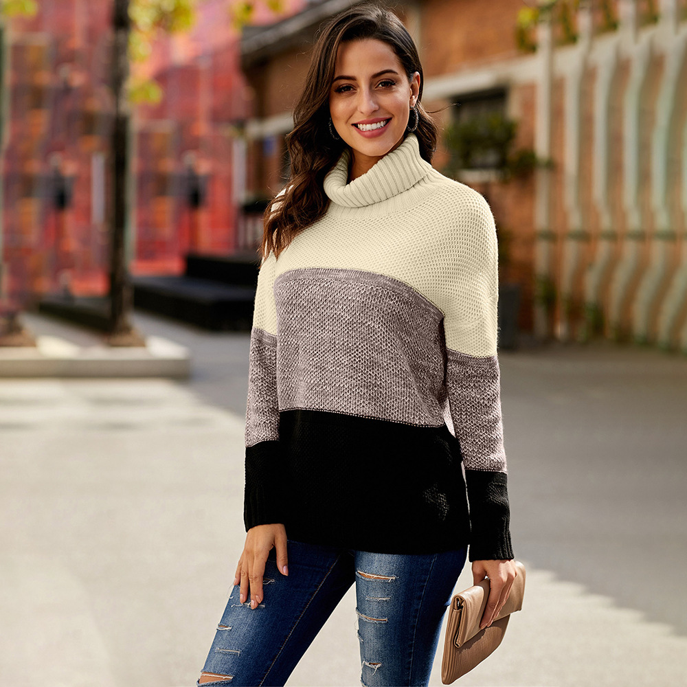Womens Turtleneck Sweater Winter Collection European Style Color Block Design Long Sleeve Knit Top Wholesale