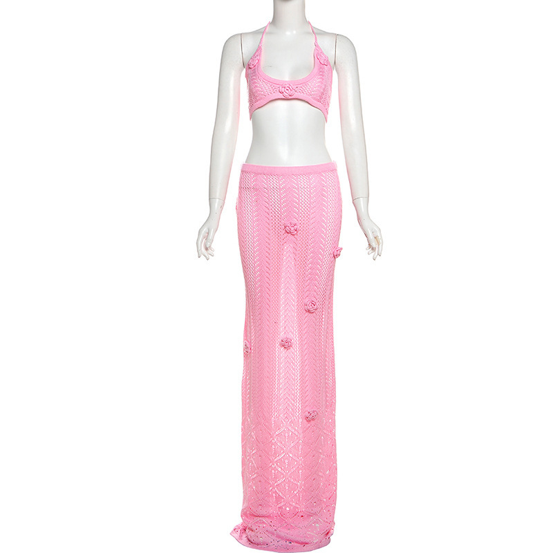 Spring Summer New European and American Women's Hand Crocheted Floral Sexy Halter Mermaid Long Dress Two Piece Set