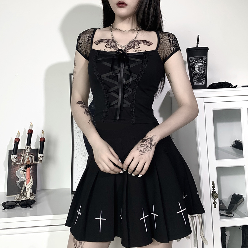 Lace Panel Short Sleeve Top Sexy Street Style Square Neck Slim Fit Womens Fashion for Casual Outings Wholesale