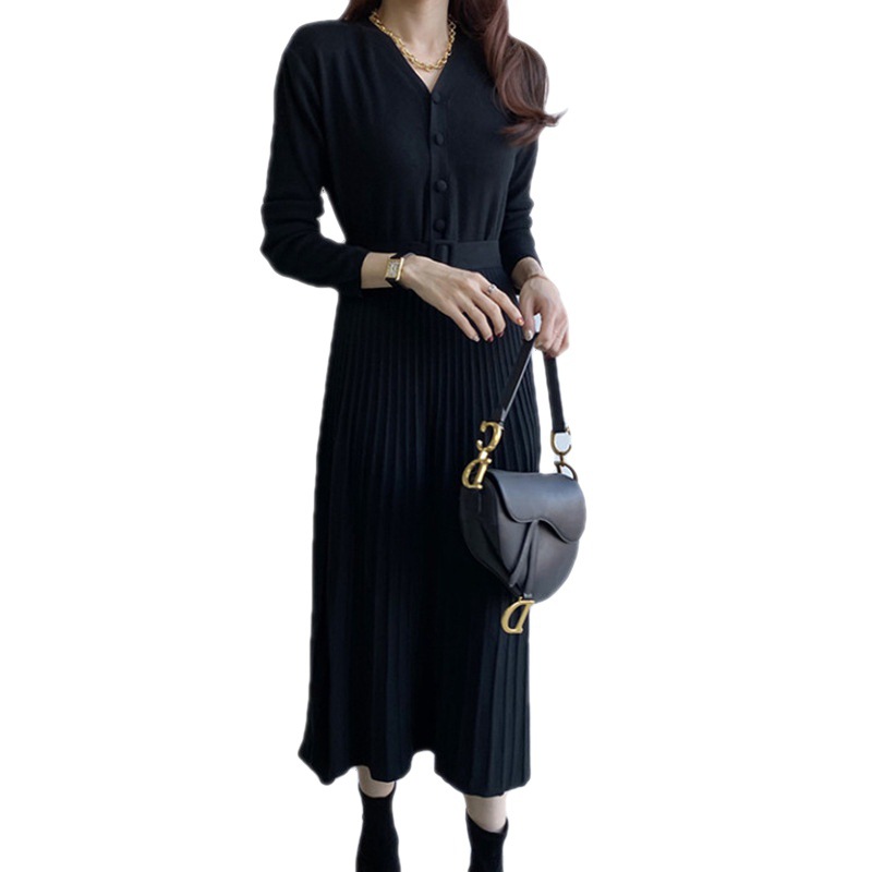 Women's Elegant Knit V-Neck Long-Sleeve Pleated Dress