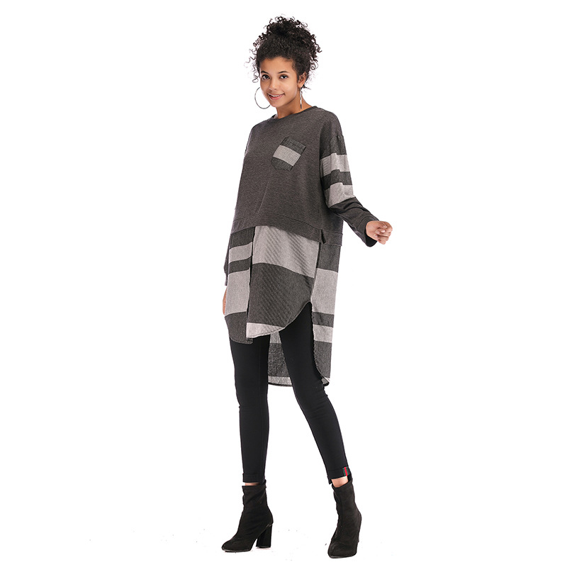 Womens Color Block Loose Dress Asymmetrical Plaid Design Round Neck Long Sleeve Autumn Winter Fashion Wholesale