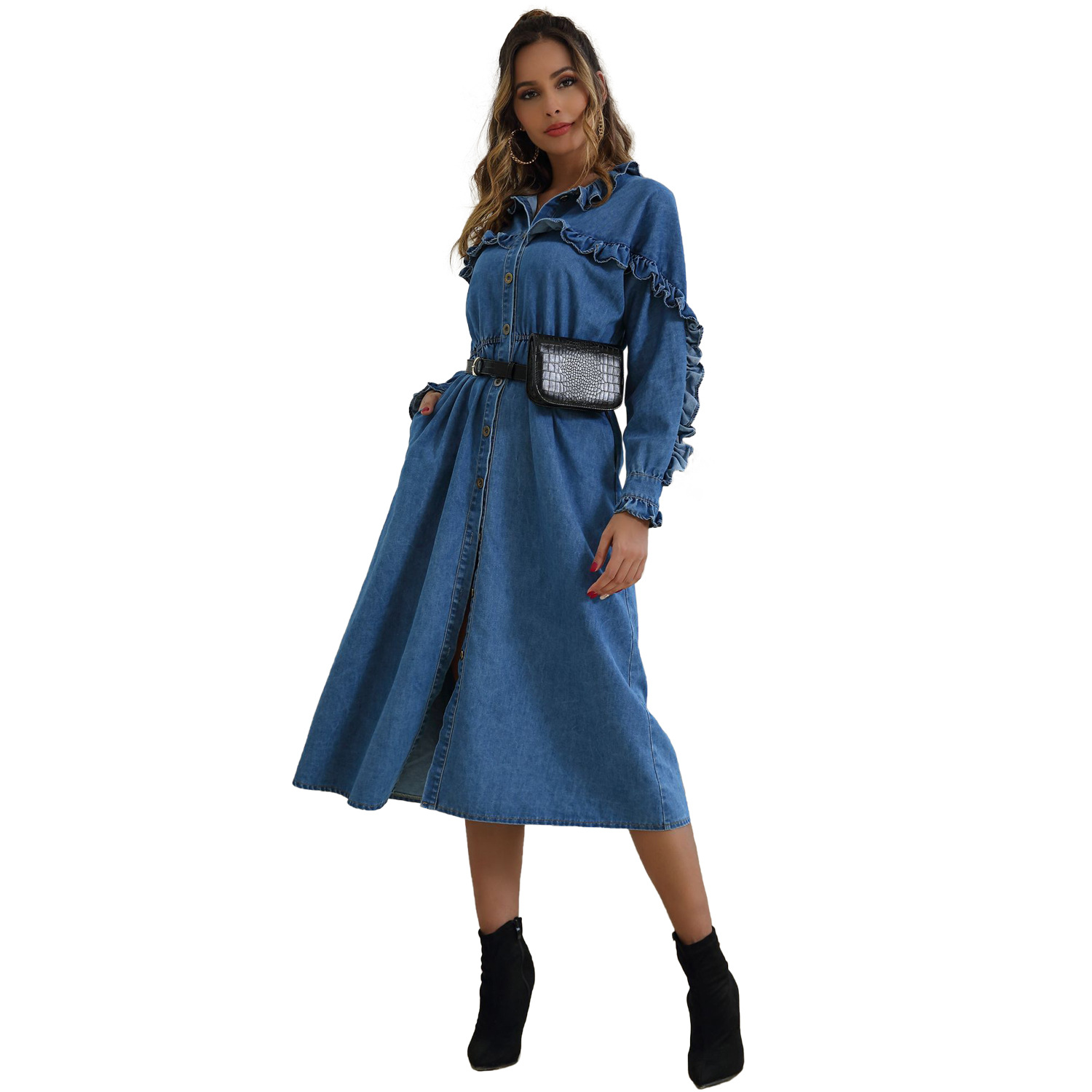 Long Sleeve Ruffled Hem Maxi Denim Dress Elegant Flared Split Design Autumn Winter Fashion for Women Wholesale