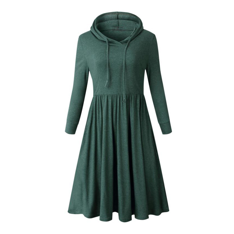 Hooded Long Sleeve Dress Solid Color Flared Hem Casual Style Perfect for Winter Wear Ready to Ship