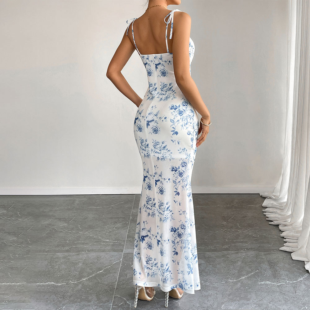 Fashionable Sleeveless Floral Print Dress High Waist Casual Long Dress for Summer