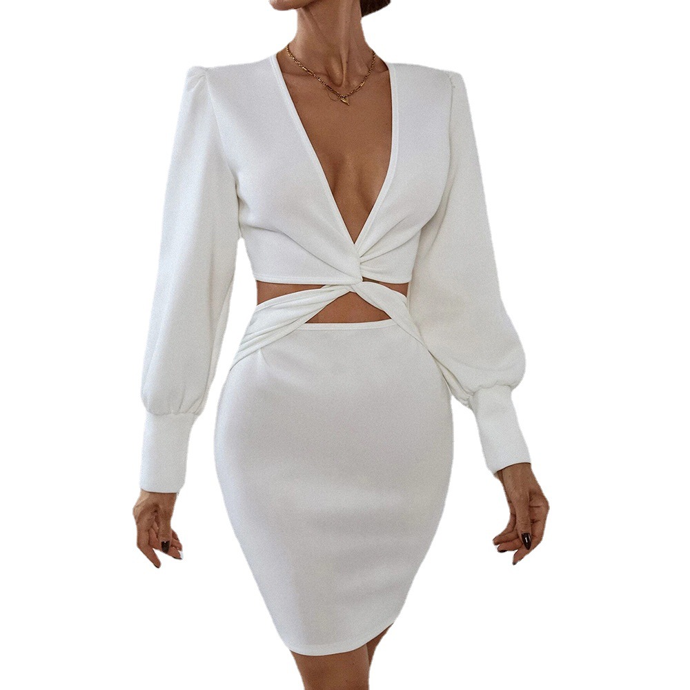 New European and American Women's Sexy V neck Hollow Out Slim Fit Long Sleeve French Style Short Dress