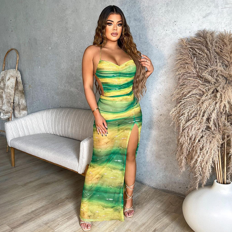 Summer New Women's Sexy Backless High Slit Dress with Lace Up Design for Cross Border Fashion in Europe and America