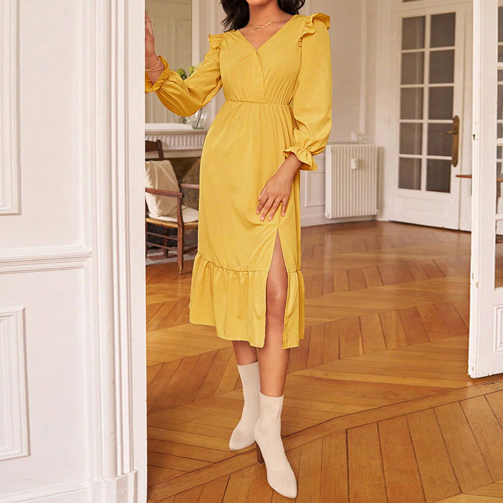 Elegant V neck Waist Slimming Backless Split Hem Long Dress