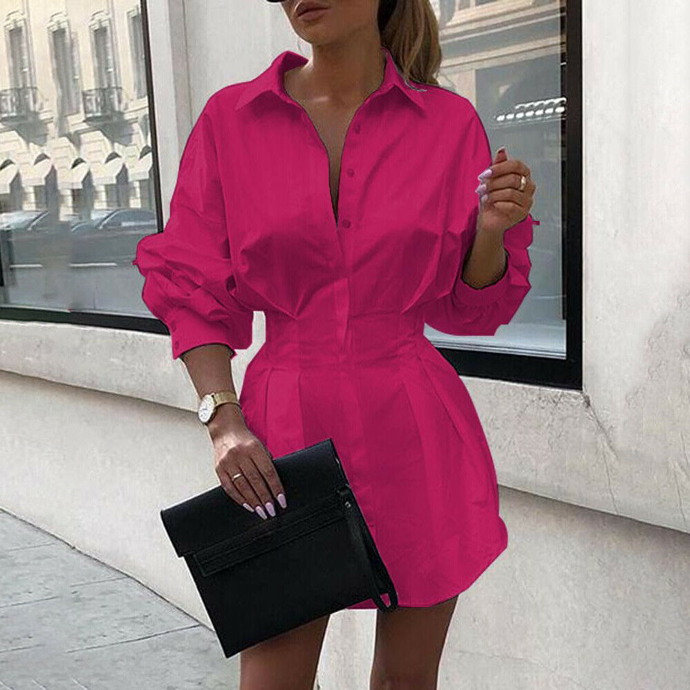 Womens Button Detail Shirt Solid Color Waist Cinching Design Long Sleeve Autumn Fashion Wholesale Available