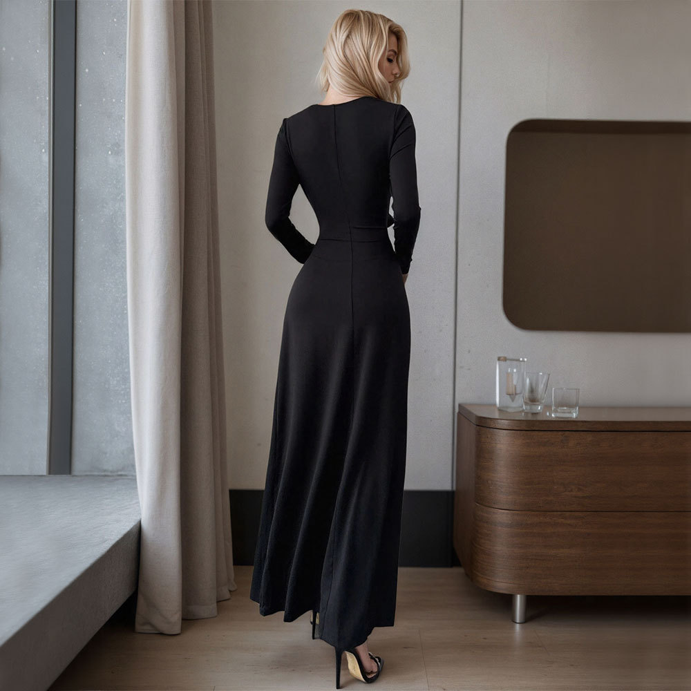 Elegant and Personalized Solid Color Hollow High Slit Long Sleeve Sexy Party Dress