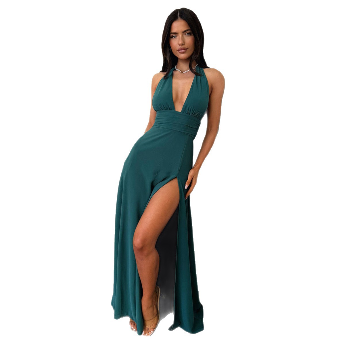 European and American Vacation Versatile Deep V Halter Long Dress for Women Spring Summer