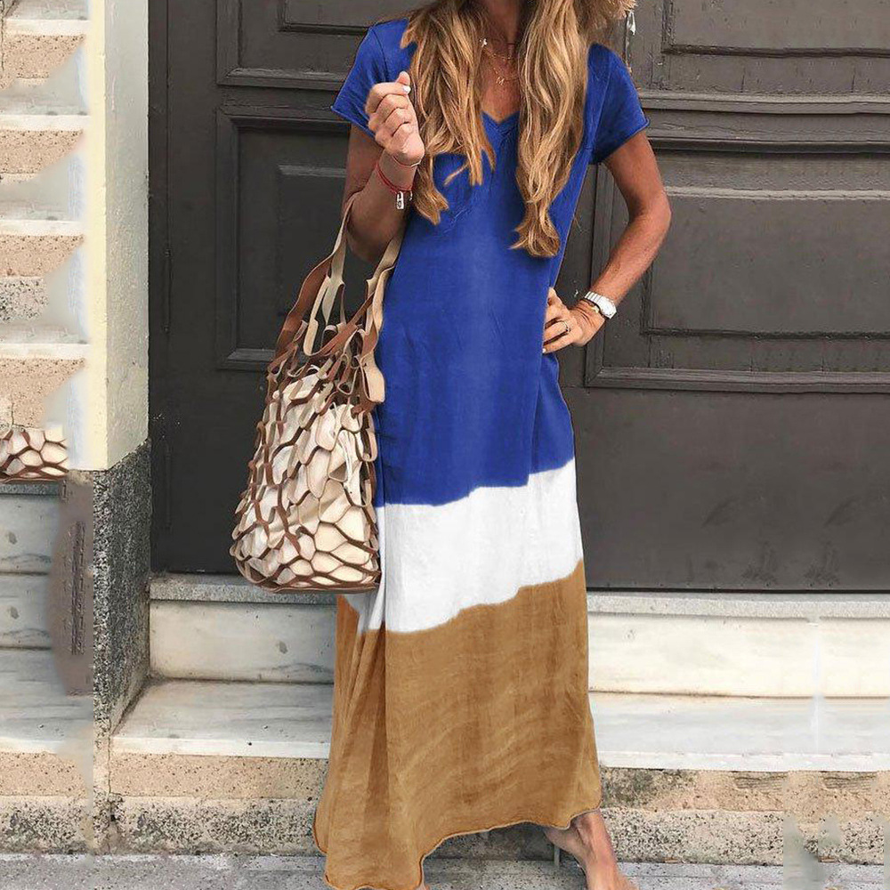 Summer Womens Maxi Dress Color Block Loose Fit V Neck Short Sleeve Casual Wear for Parties or Beach Wholesale