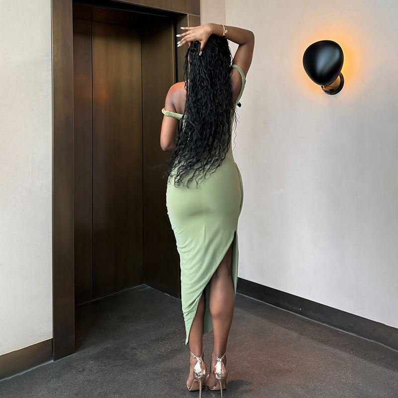 Fashionable Women's Spring Summer Dress with Off Shoulder Design, Sexy Backless, Ruched Split, Slim Fit for Trendy Looks