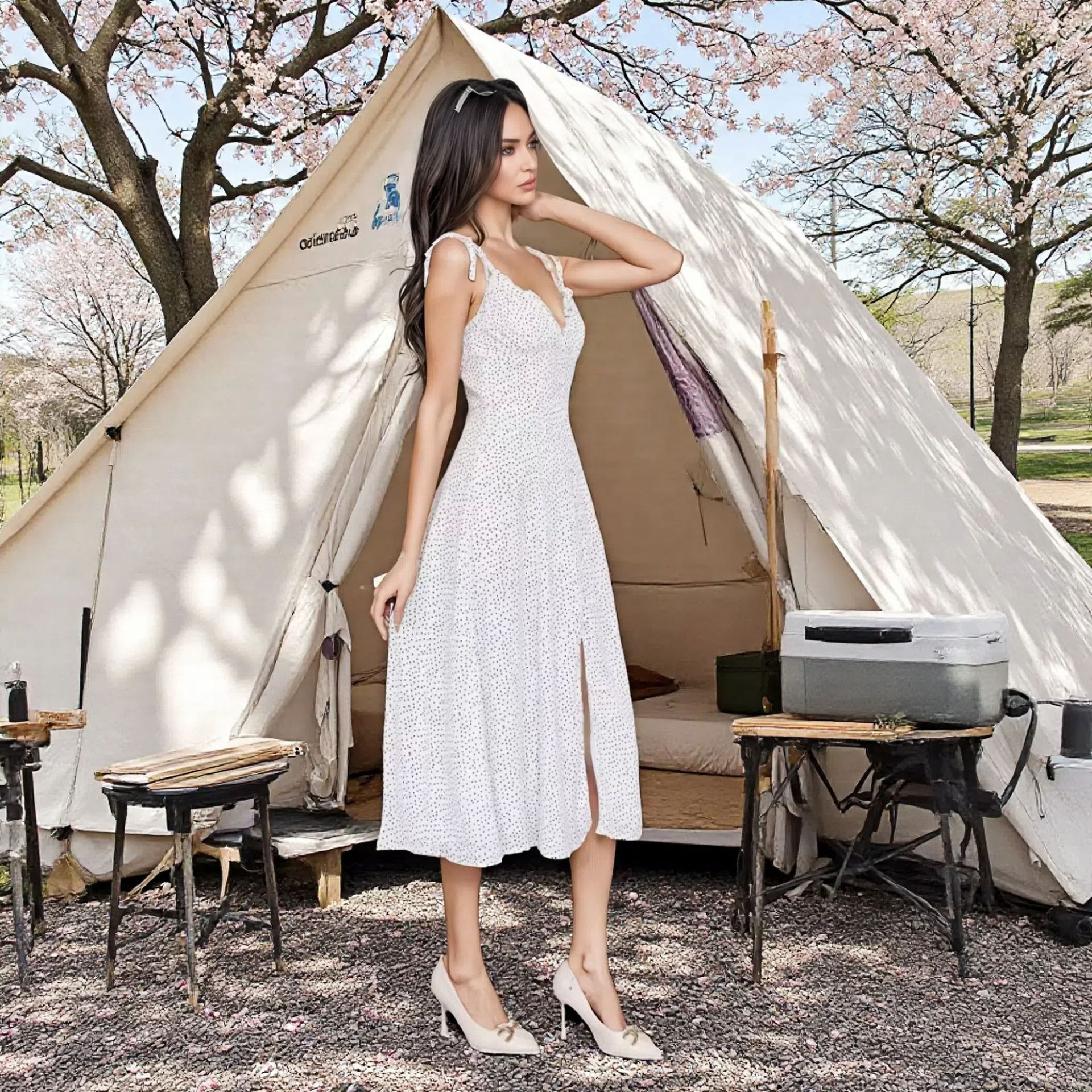 European and American Market Women's Fashion — Sexy Backless, Polka Dot, Long Dress, Spaghetti Strap — Casual Wear — Wholesale