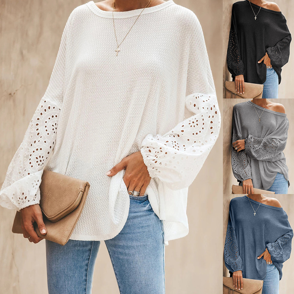Womens Loose Fit Hollow Out Long Sleeve Top Solid Color Off Shoulder Asymmetrical Neckline Spring Summer Fashion