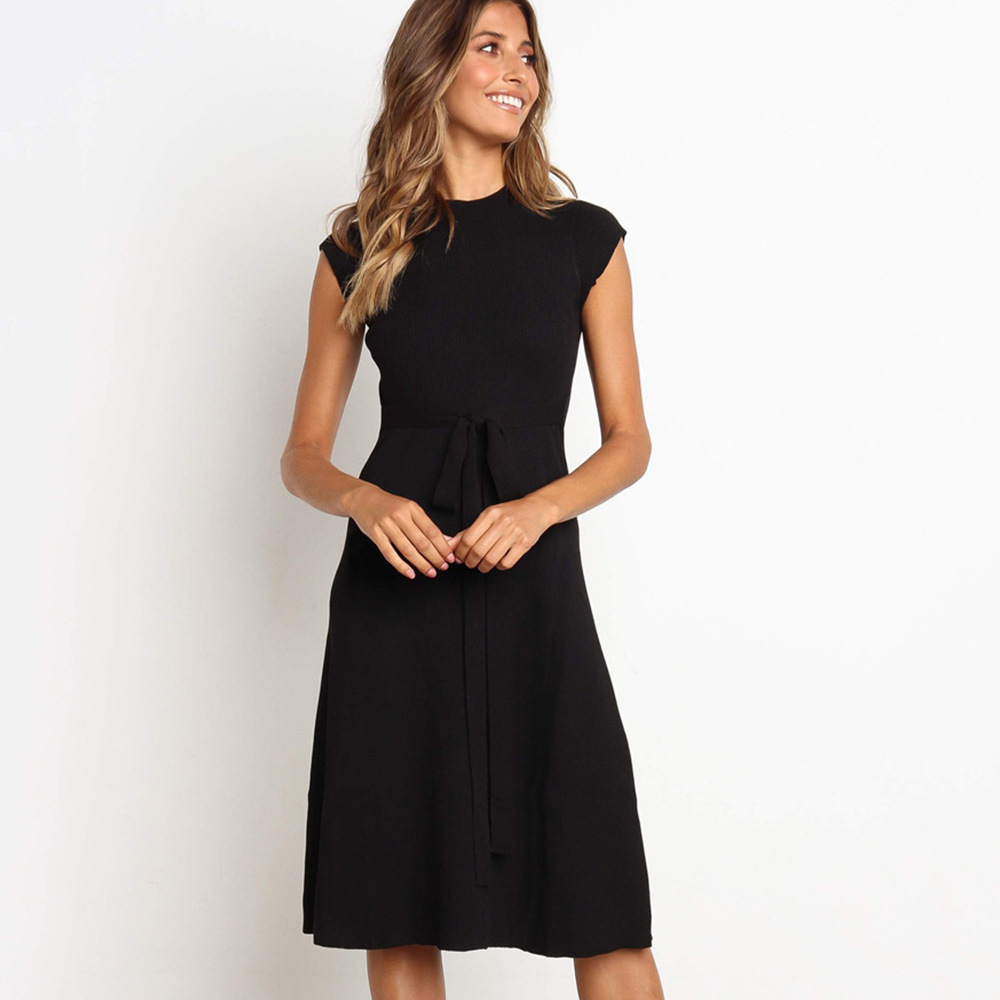 Womens Solid Color Tie Front Dress Fashionable Round Neck Short Sleeve Lightweight Fabric Spring Summer Collection