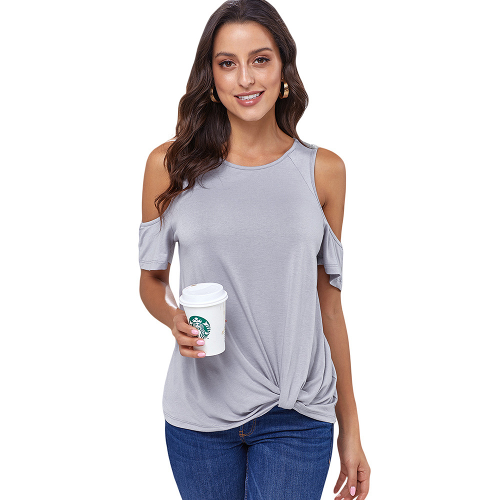Loose Fit Short Sleeve T Shirt Off Shoulder Design Knotted Hem Solid Color Summer Casual Wear Wholesale Available
