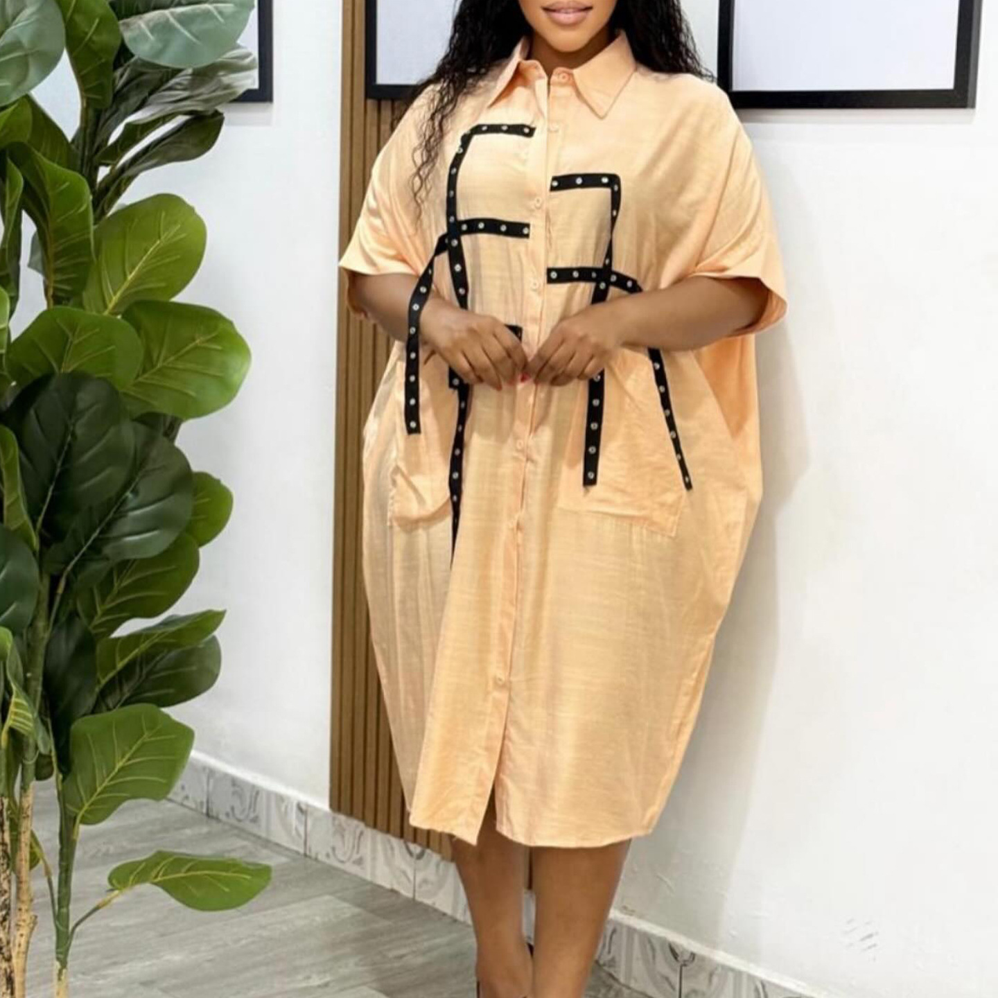 Fashionable Women's Short Sleeve Loose Fit Shirt with Lapel, Mid Length Blouse and Dress for International Trade