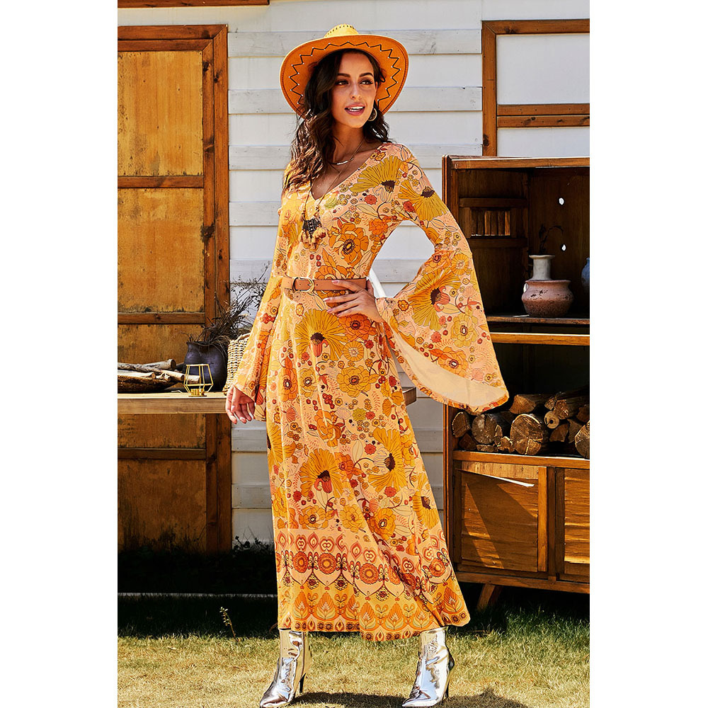 Vintage Floral Long Sleeve Dress Sexy V Neck High Waist Flared Sleeves Elegant Evening Wear Wholesale Available