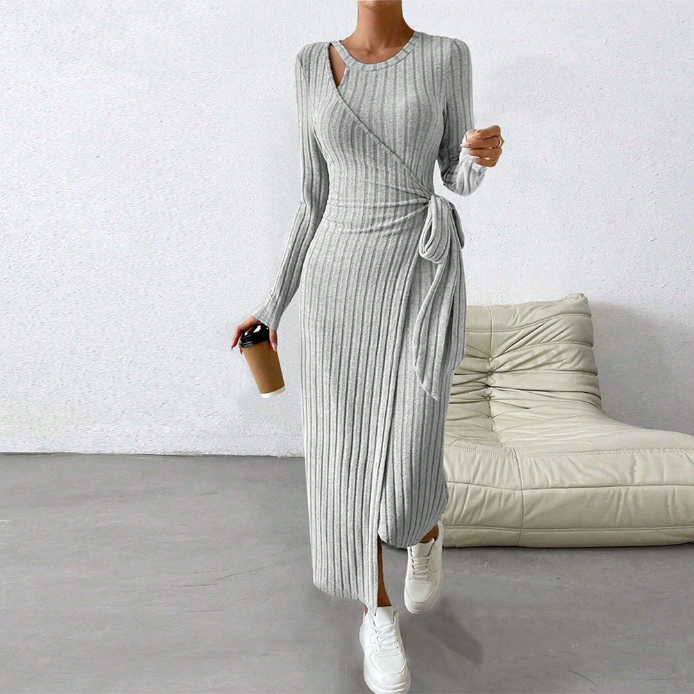 Knitted Grey Dress Irregular Hem Long Silhouette Autumn Winter Style Wholesale Womens Fashion Apparel