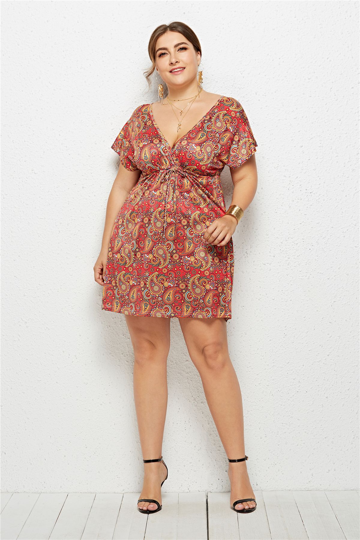 Plus Size V Neck Digital Print Dress Beachwear Vacation Style Comfortable Fit Wholesale Available