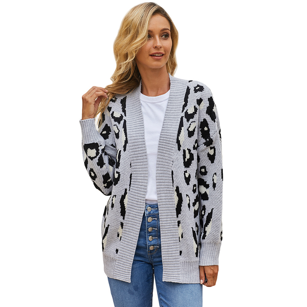 Womens Leopard Print Knit Cardigan Long Sleeve Loose Fit Casual Style Perfect for Autumn and Winter Wholesale