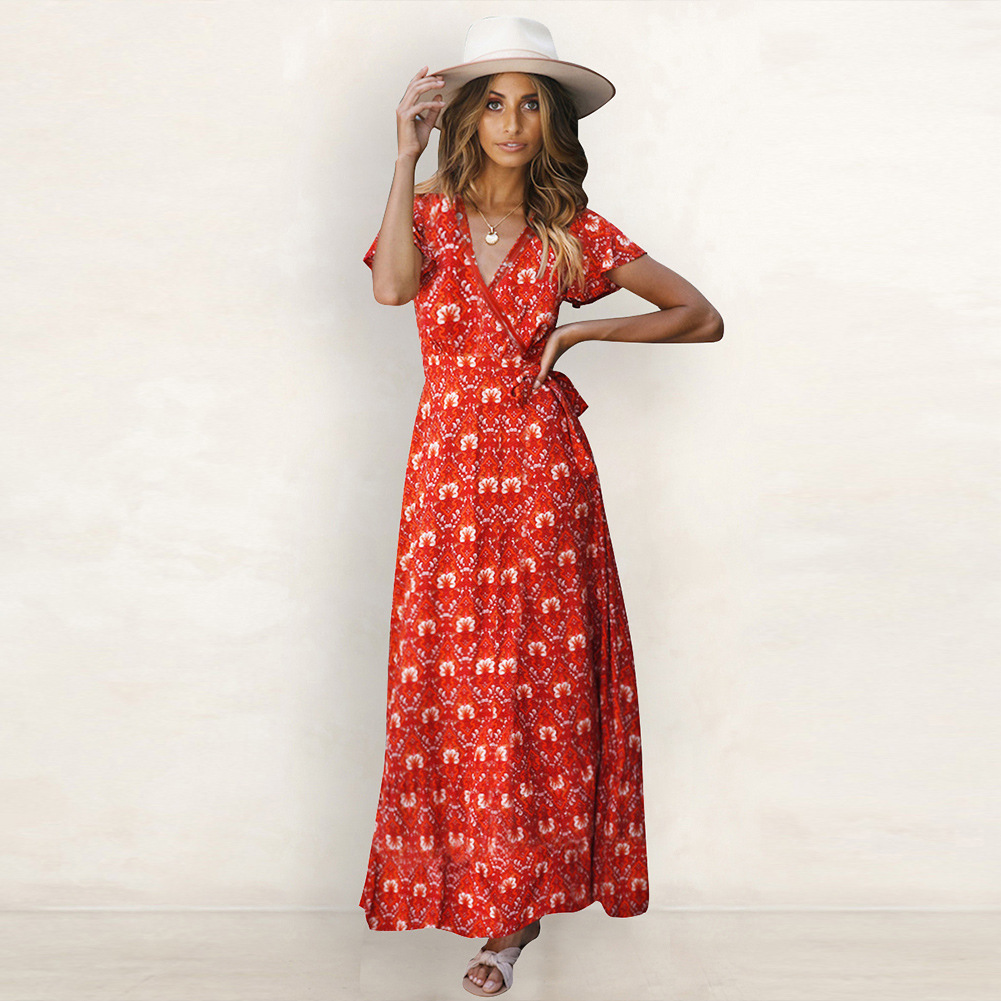 Bohemian Floral Maxi Dress V Neck Tie Detail Summer Style Perfect for Beachwear or Casual Outings Wholesale