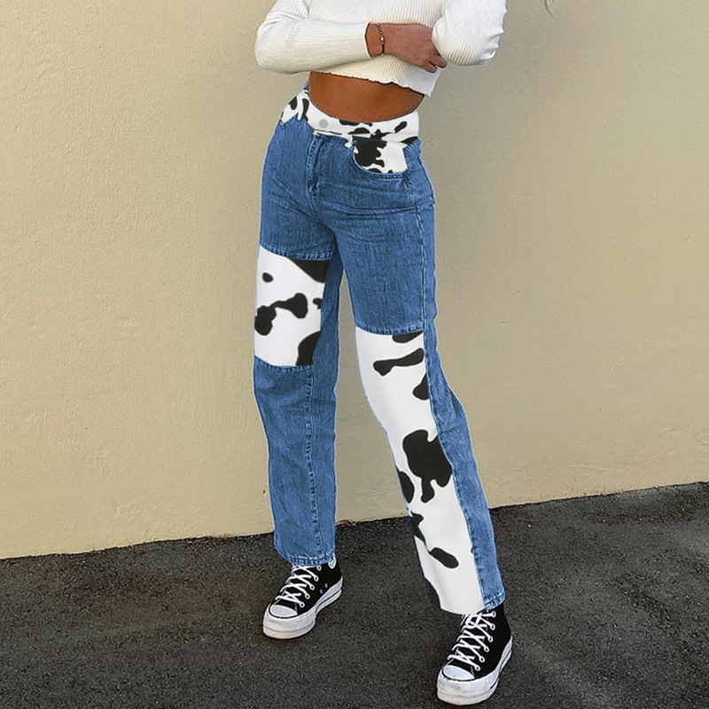 High Waisted Color Block Straight Leg Jeans Sexy Loose Fit Cow Print Design Casual Fall Fashion for Women Wholesale