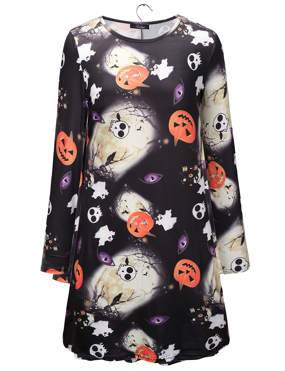 Womens Long Sleeve Halloween Dress Pumpkin Skull Print Round Neck Comfortable Fabric Autumn Winter Collection