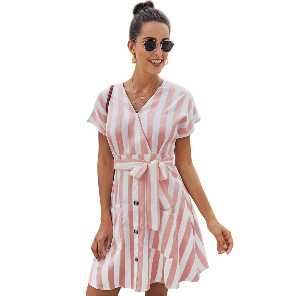 Striped Shirt Dress for Women Summer V Neck Button Up Waist Tie Loose Fit Casual Wear Wholesale Available
