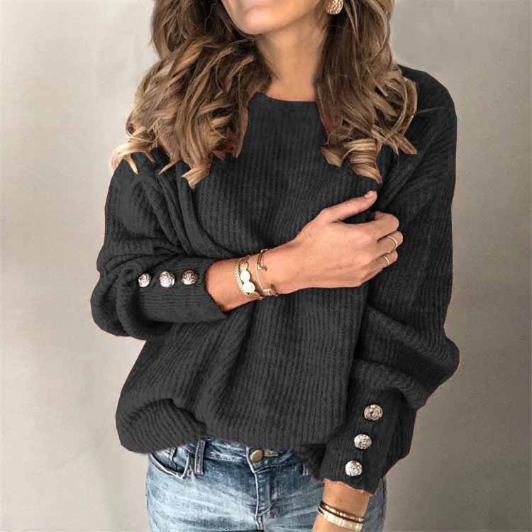Womens Long Sleeve Knit Top Round Neck Button Detail Comfortable Fabric Casual Wear for Spring and Autumn