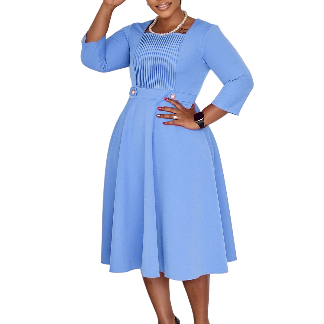 Plus Size Women's Fashion Dress with Square Neck, Solid Color, Pleated Design, High Waist, Trendy African Style for Internatio