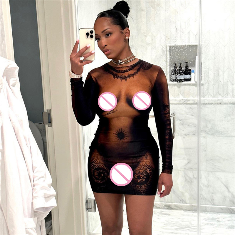 Fashionable and Personalized 3D Human Body Print Long Sleeve Slim Fit Bodycon Dress for Spring Summer