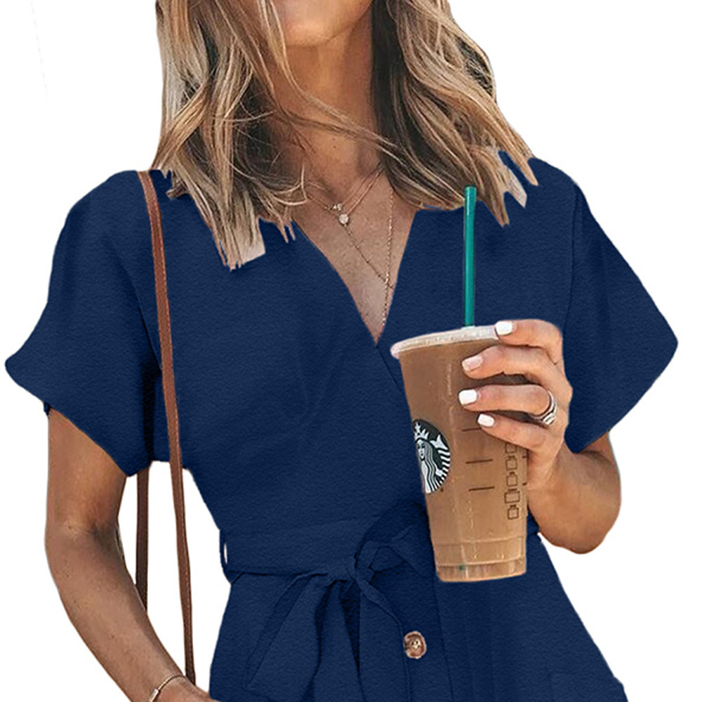 Loose Knee Length Dress for Women Summer Collection Deep V Neck Short Sleeve Button Closure Casual Wear Wholesale