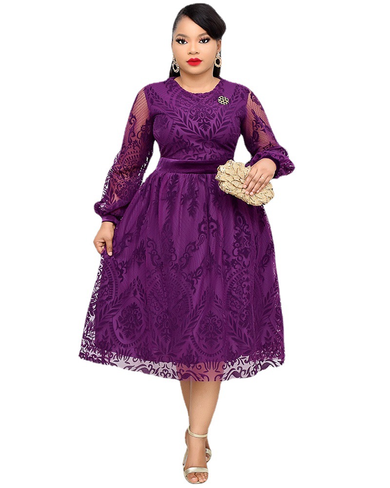 Velvet Floral Print Dress Elegant Round Neck Lantern Sleeves Flared Skirt Perfect for Parties and Special Occasions