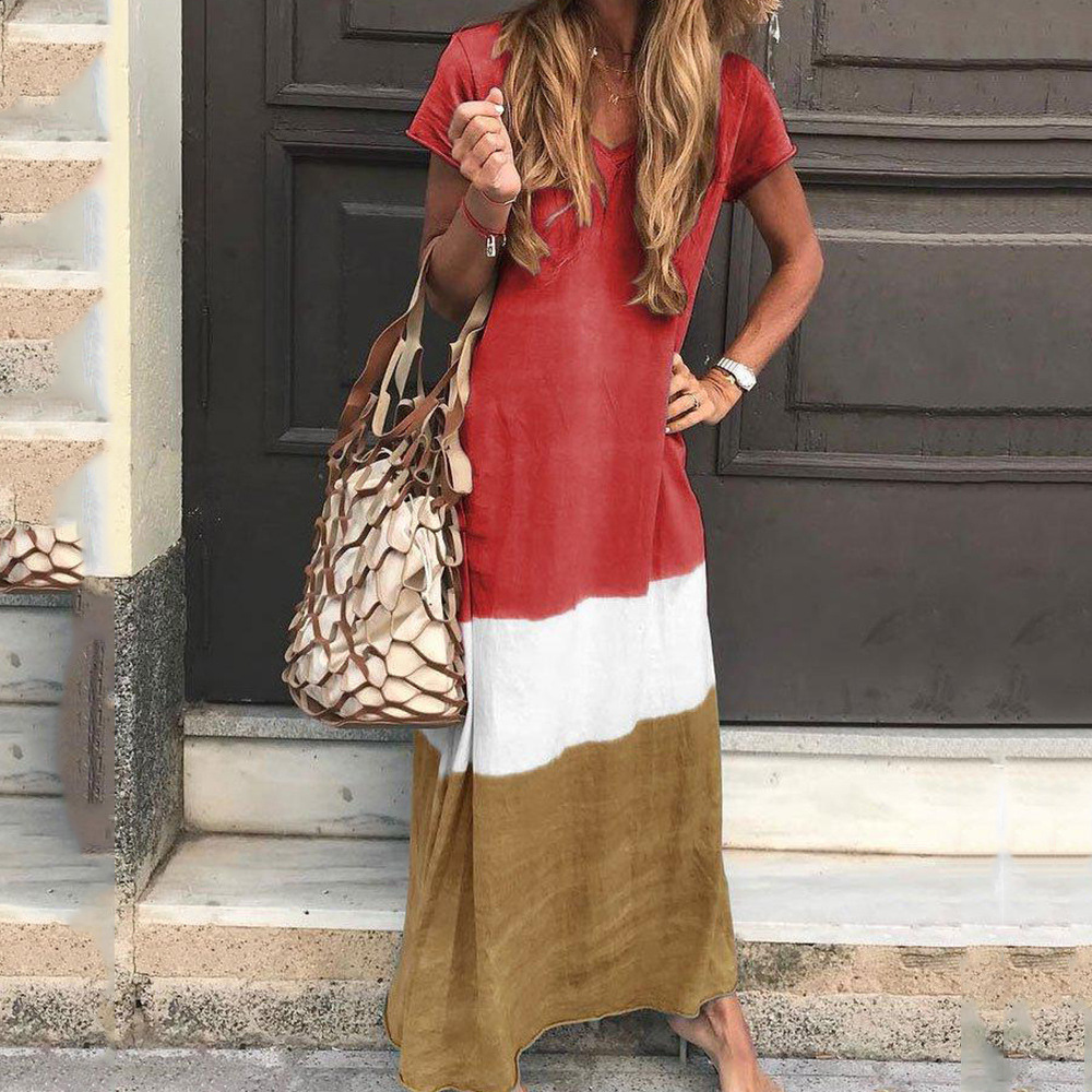 Summer Womens Maxi Dress Color Block Loose Fit V Neck Short Sleeve Casual Wear for Parties or Beach Wholesale