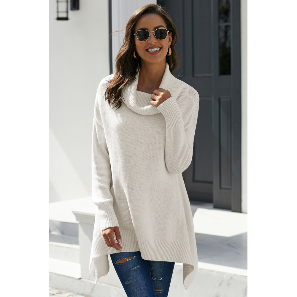 Womens Turtleneck Shawl Sweater Winter Long Length Asymmetrical Design Solid Color Casual Wear Wholesale