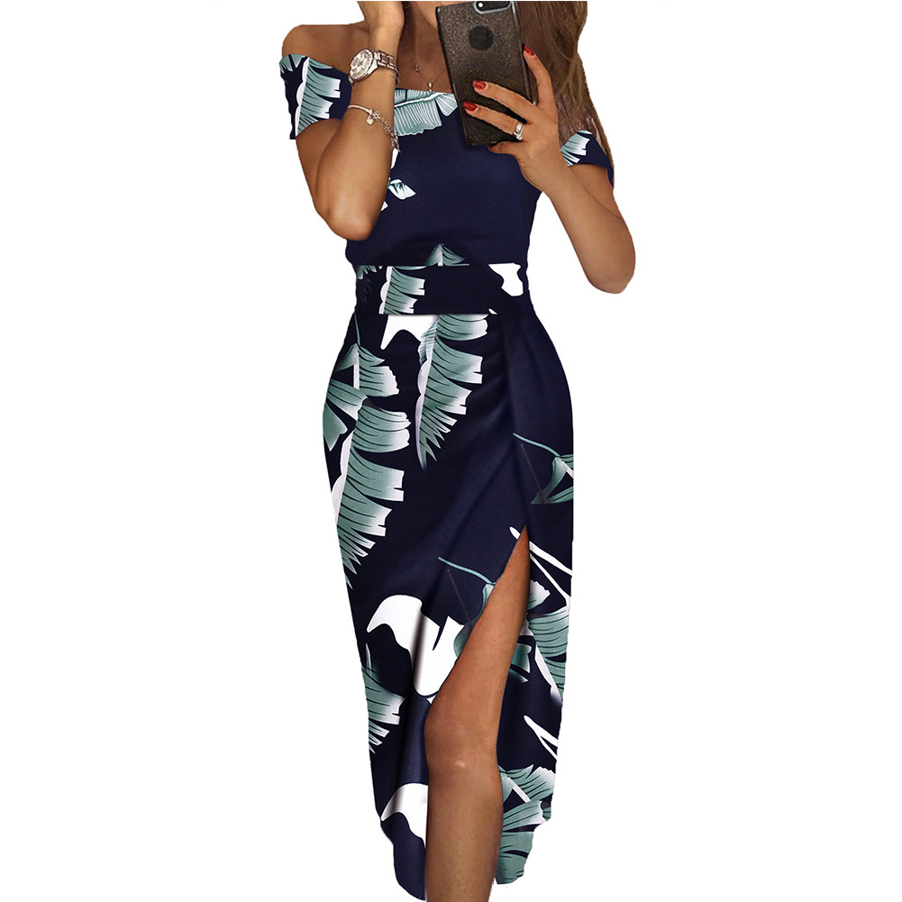 Summer Floral Print Dress for Women Sexy Off Shoulder Short Sleeve High Waist Split Hem Perfect for Parties and