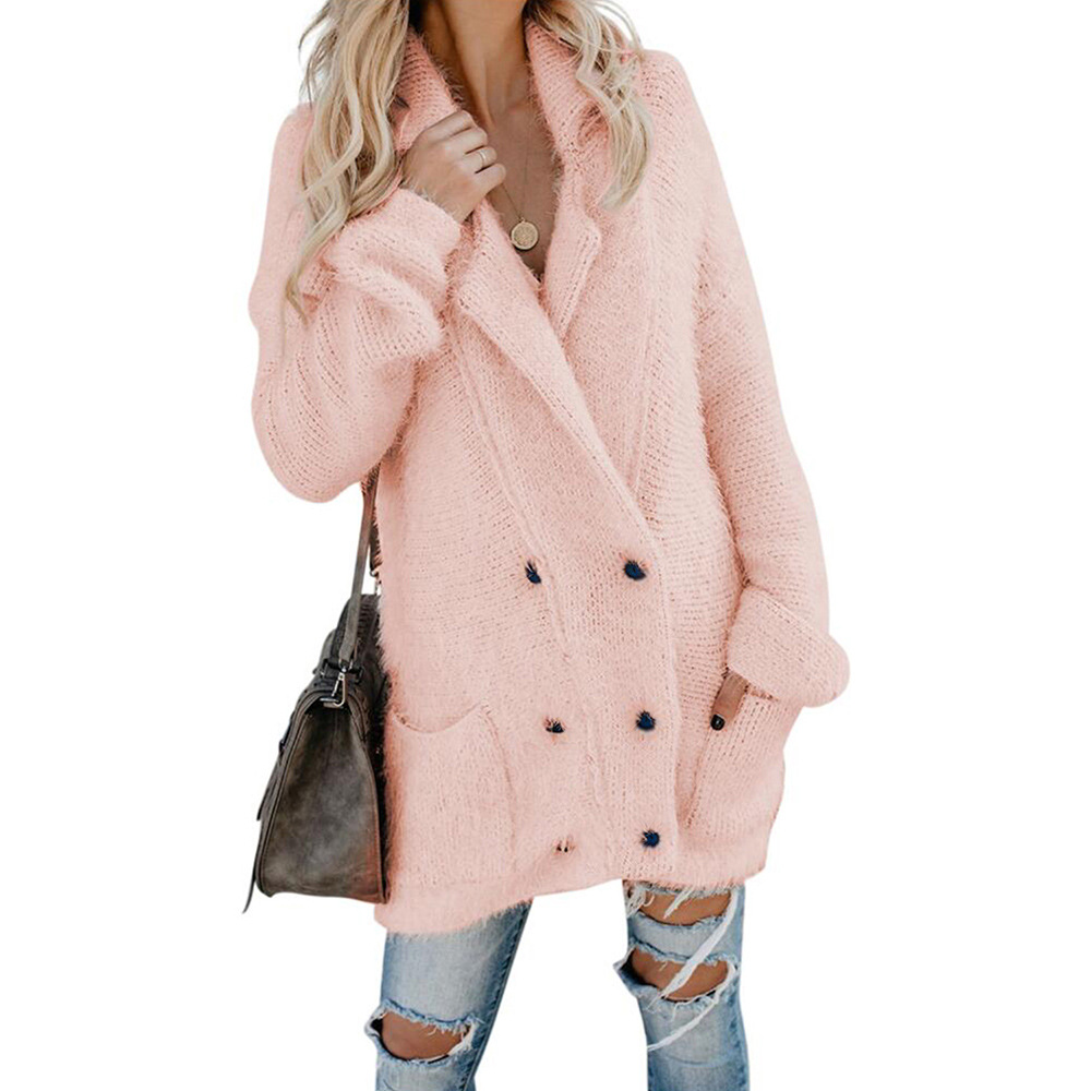 Womens Double Breasted Long Cardigan Sweater Thickened Long Sleeve Mid Length Winter Fashion Outerwear Wholesale