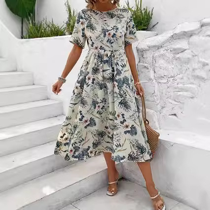 Elegant Summer Floral Print Waist Defined Long Dress Slim Fit Comfortable Fabric Versatile Style Wholesale Available