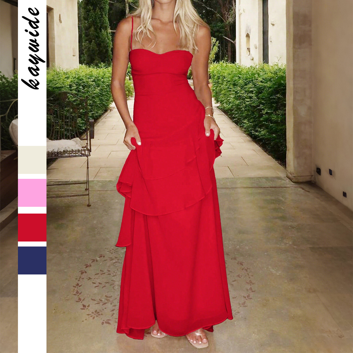 Elegant European and American Style Lace Trim Spaghetti Strap Dress for Women Autumn