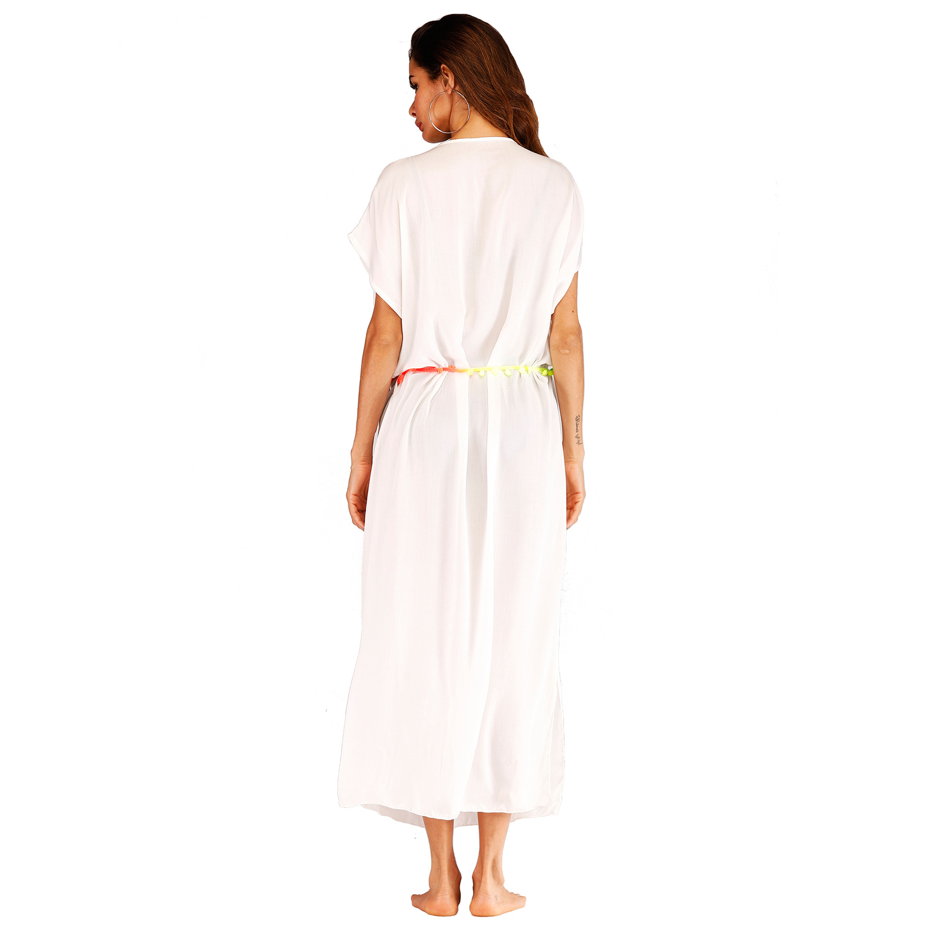 Embroidered Colorful Tassel Split Long Beach Cover Up Dress Stylish Bohemian Design Perfect for Summer Vacations