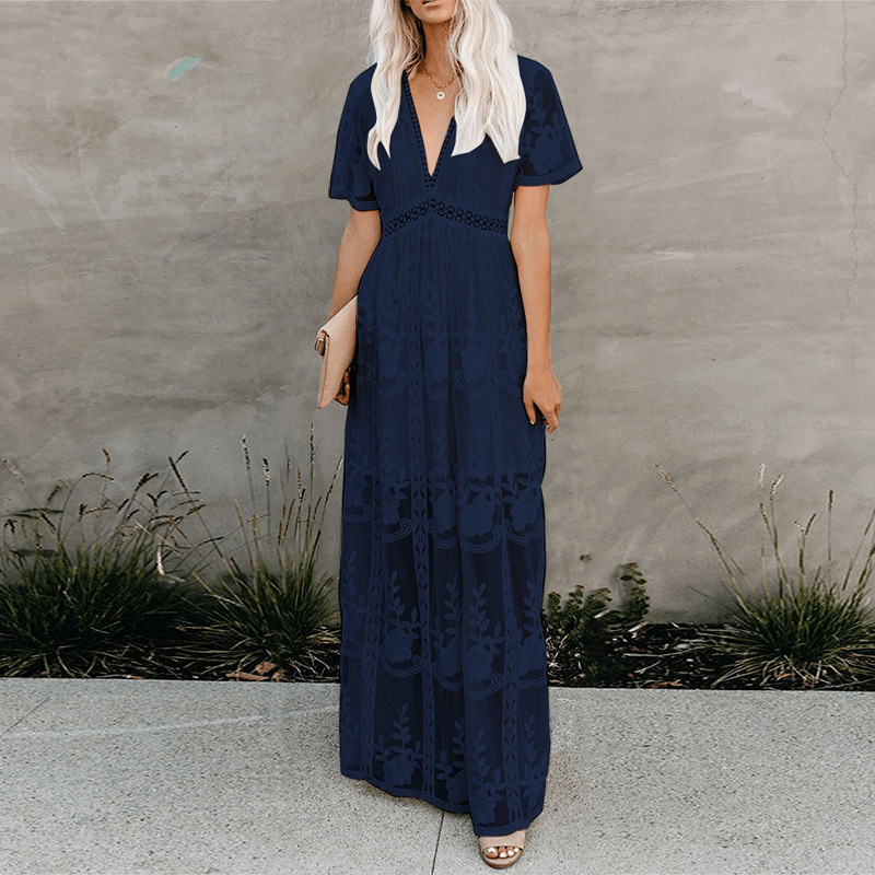 Lace Maxi Dress Embroidered V Neck Solid Color Summer Vacation Style Available in 6 Colors Wholesale