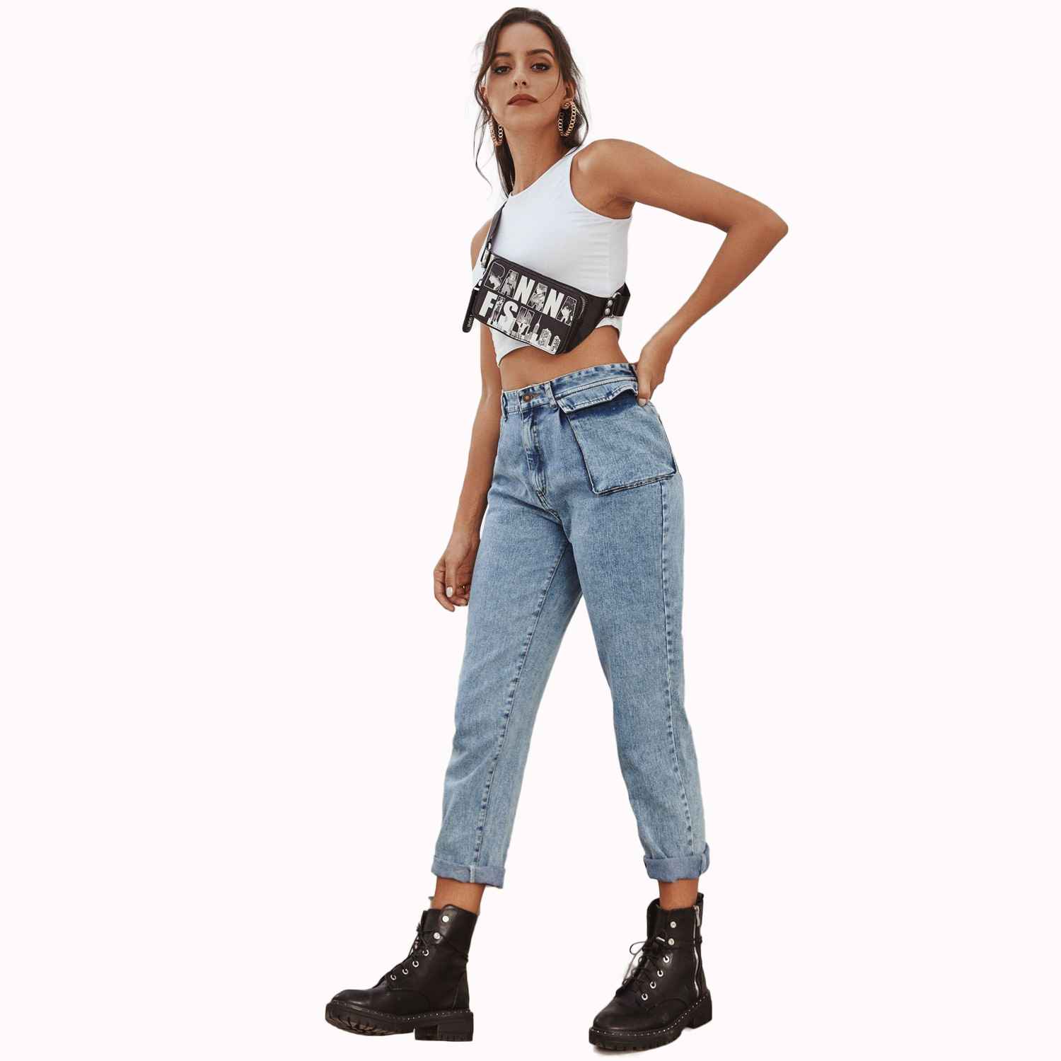 High Waisted Denim Cargo Pants Stylish Versatile Pocketed Design Casual Wear for Women Ready to Ship