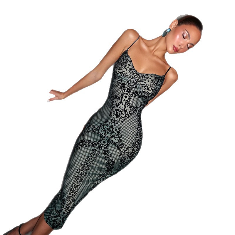 European and American Cross border Autumn and Winter New Women's Fashion Sexy Low cut Sling Backless Printed Split Slim Dress