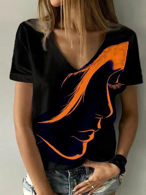 V Neck Printed Short Sleeve T Shirt for Women Casual Style Lightweight Fabric Trendy Design Wholesale Available