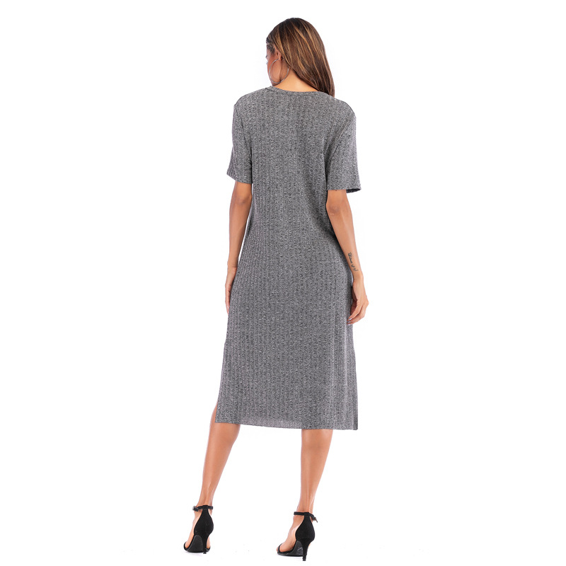 Womens Casual Solid Color Short Sleeve Round Neck Split Hem Dress Autumn Fashion Wholesale Available