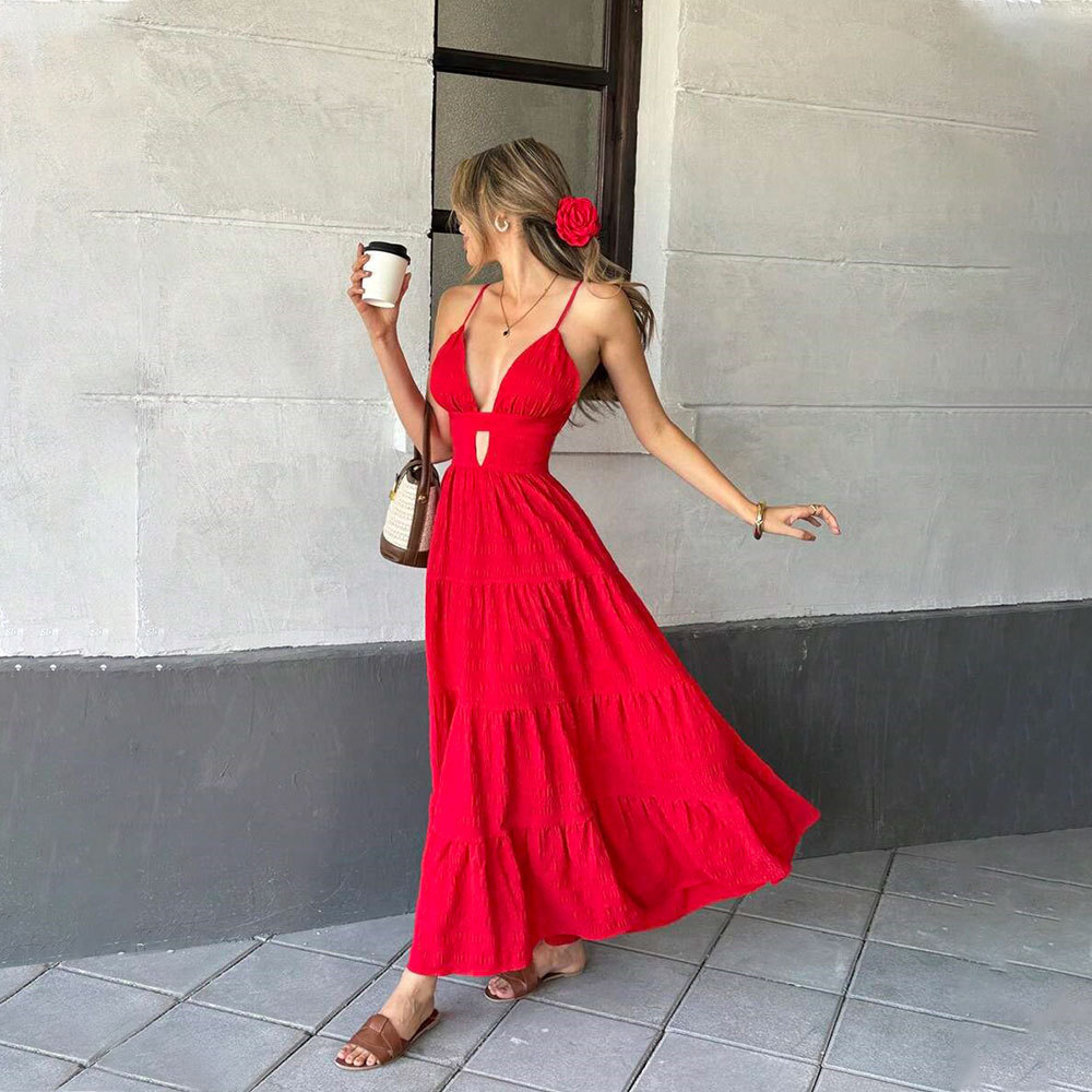 Sexy Red V Neck Maxi Dress Womens Spring Summer Fashion Elegant A Line Silhouette Wholesale Available