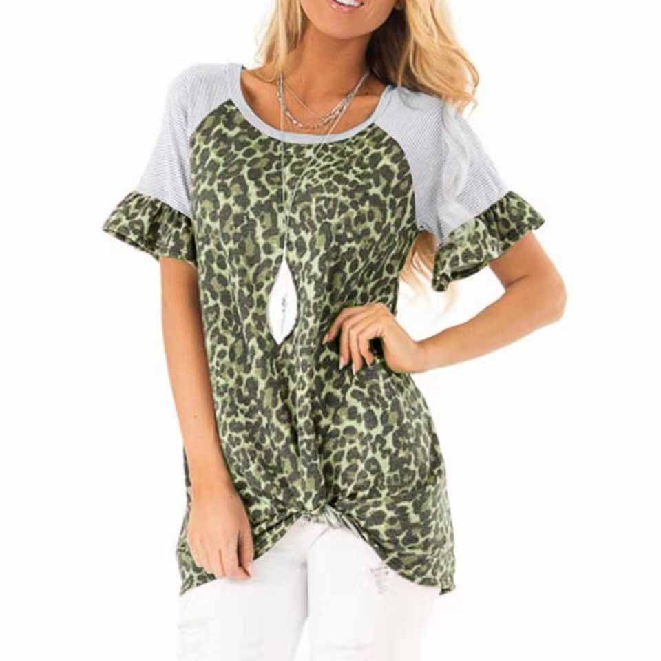 Womens Leopard Print Short Sleeve T Shirt Round Neck Flared Sleeves Casual Style Perfect for Spring Summer