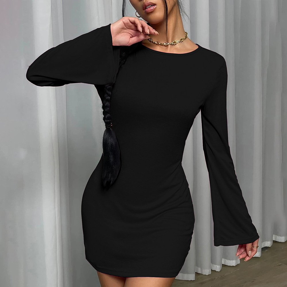 New Sexy Backless Round Neck Pullover Bell Sleeve Bodycon Dress Long Sleeve